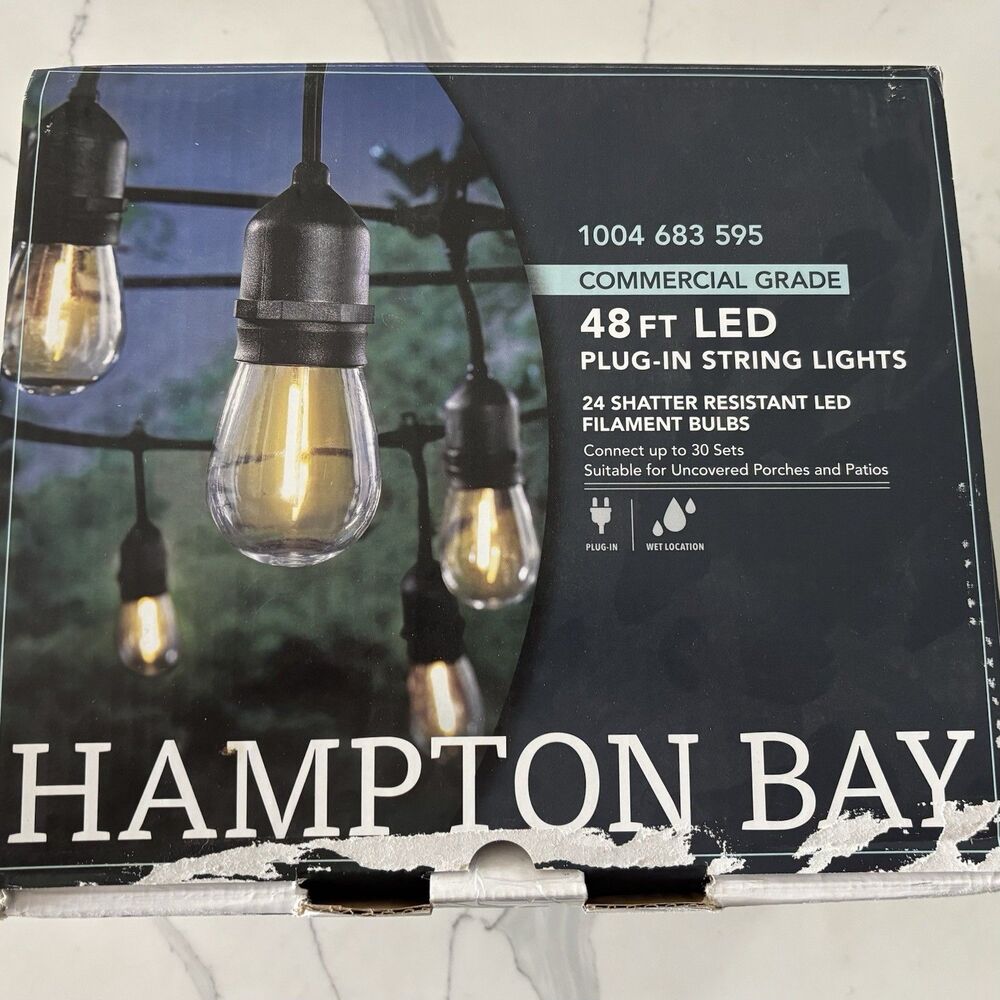 Hampton Bay Black String Lights Outdoor Backyard Pool Party LED 48 Ft/24 Bulbs